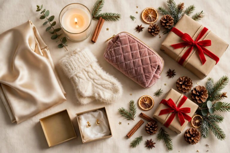 Christmas gifts for nieces flat lay with earrings, candle, socks and wrapped presents