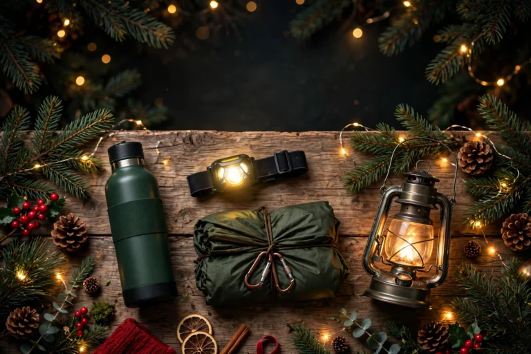 Christmas gift flat-lay of outdoor adventure gear: insulated water bottle, headlamp, camping hammock, and lantern with pine branches and fairy lights