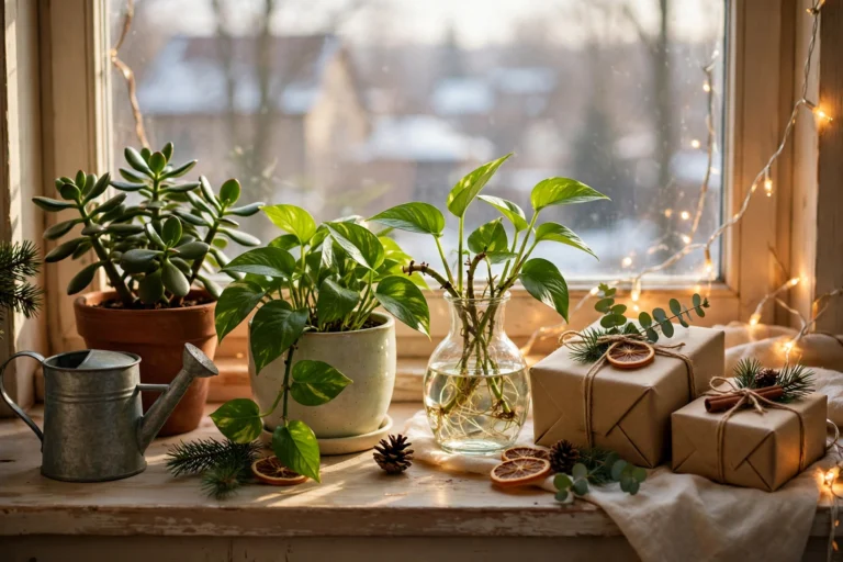 Christmas gifts for plant lovers: potted plants, watering can and propagation vase on a windowsill