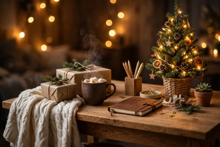 Cozy Christmas home office desk with wrapped gifts, cocoa and holiday lights