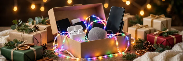 Christmas gift box overflowing with tech gadgets
