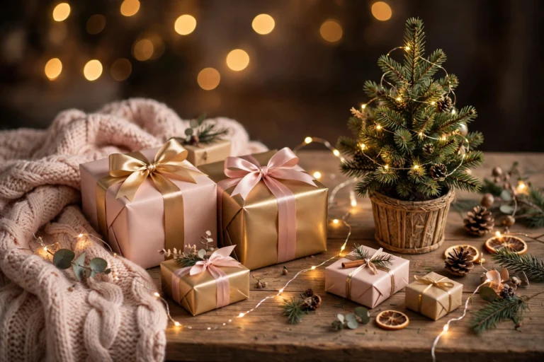 Christmas gifts for teen girls: pink and gold gift boxes with fairy lights