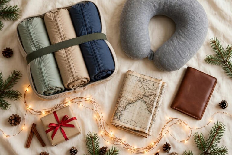 Christmas travel gifts flat lay with packing cubes, neck pillow and passport holder