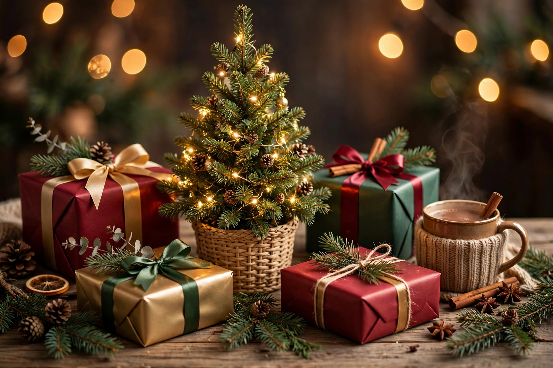 Christmas gifts under $100 - wrapped presents around a small Christmas tree