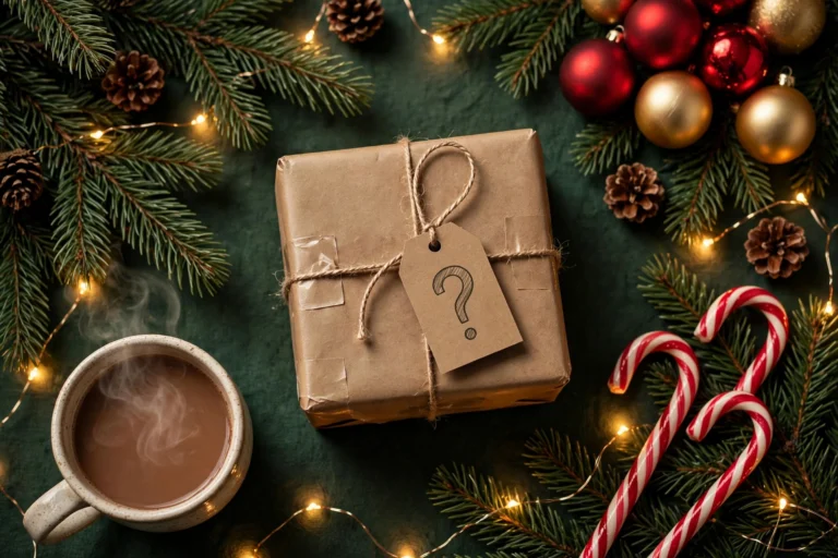 Wrapped mystery gift with question mark tag surrounded by Christmas decorations