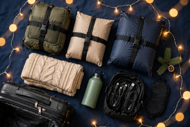 Christmas gifts for flight attendants flat lay with travel essentials