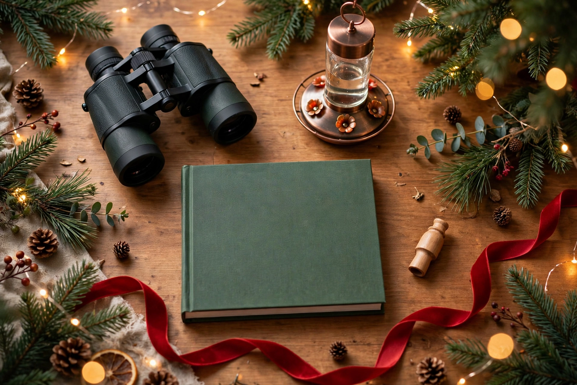 Christmas flat lay of binoculars, a hummingbird feeder, a bird field guide and a wooden bird call