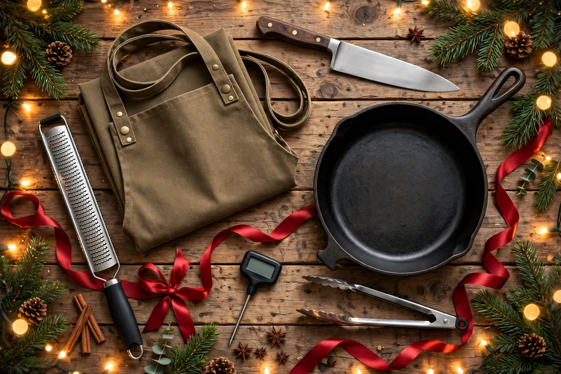 Christmas gifts for chefs flat lay with knife, apron, skillet and kitchen tools