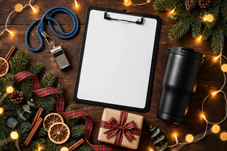 Christmas flat-lay of coach gifts: whistle, coaching clipboard, tumbler and wrapped gift