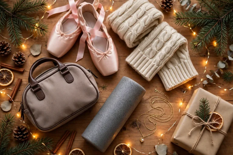 Christmas flat-lay with ballet slippers, leg warmers, a dance bag and festive lights