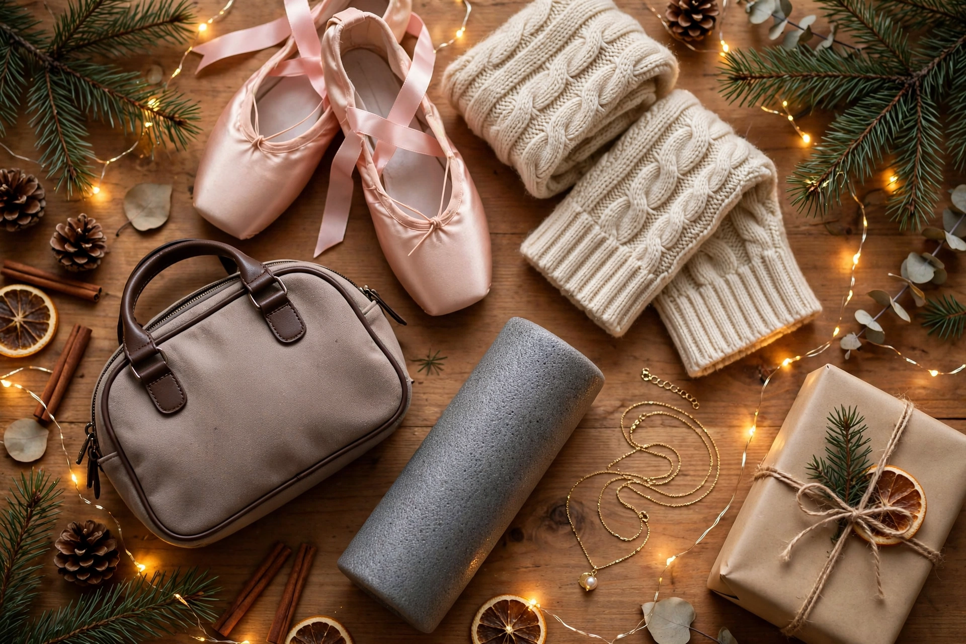 Christmas flat-lay with ballet slippers, leg warmers, a dance bag and festive lights