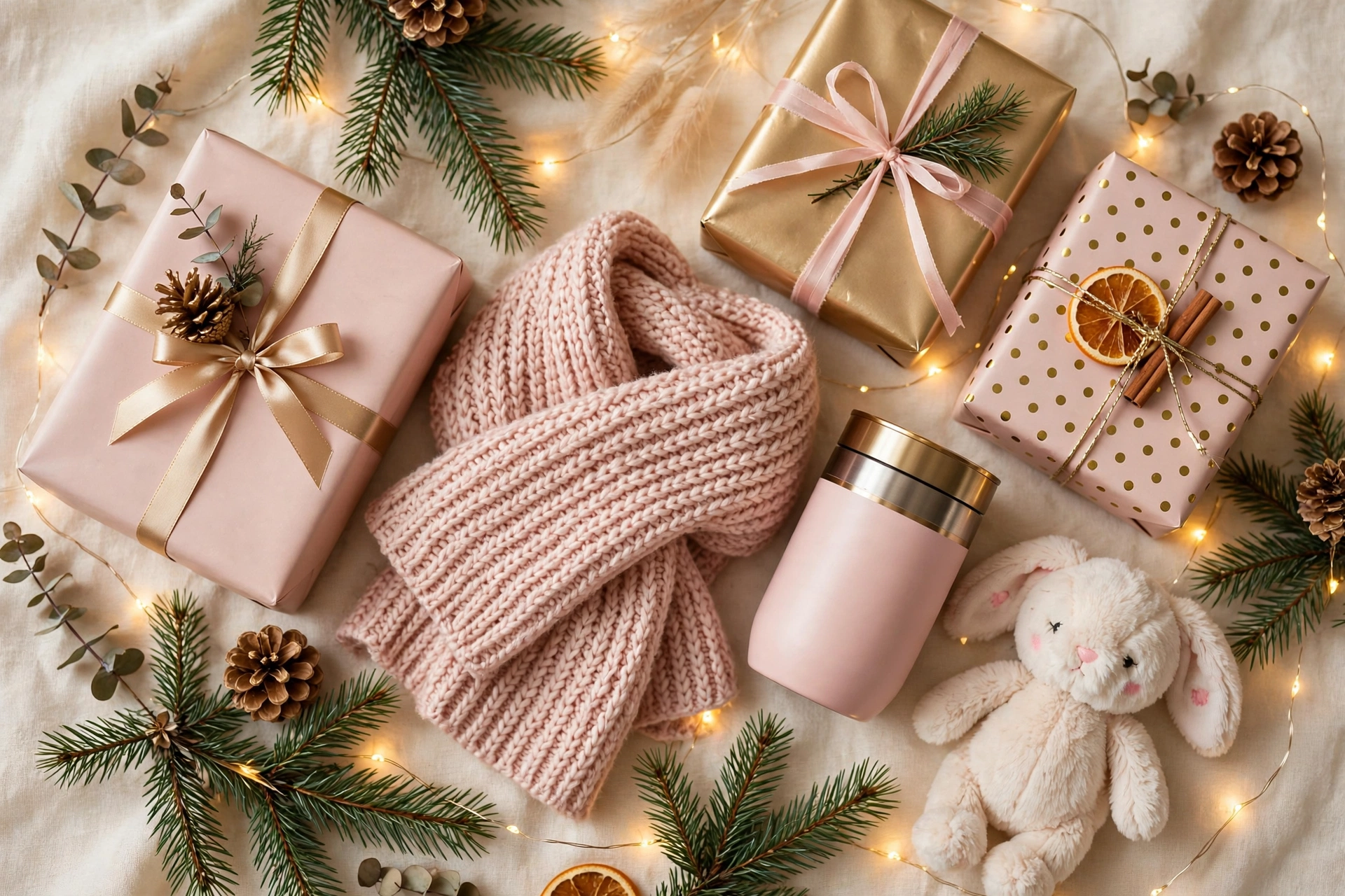 Christmas gifts for daughters flat lay with wrapped presents and fairy lights