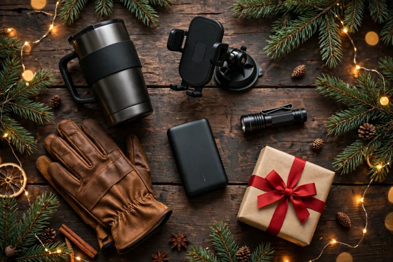 Christmas gift flat-lay for delivery drivers: tumbler, phone mount, power bank, gloves and wrapped gifts