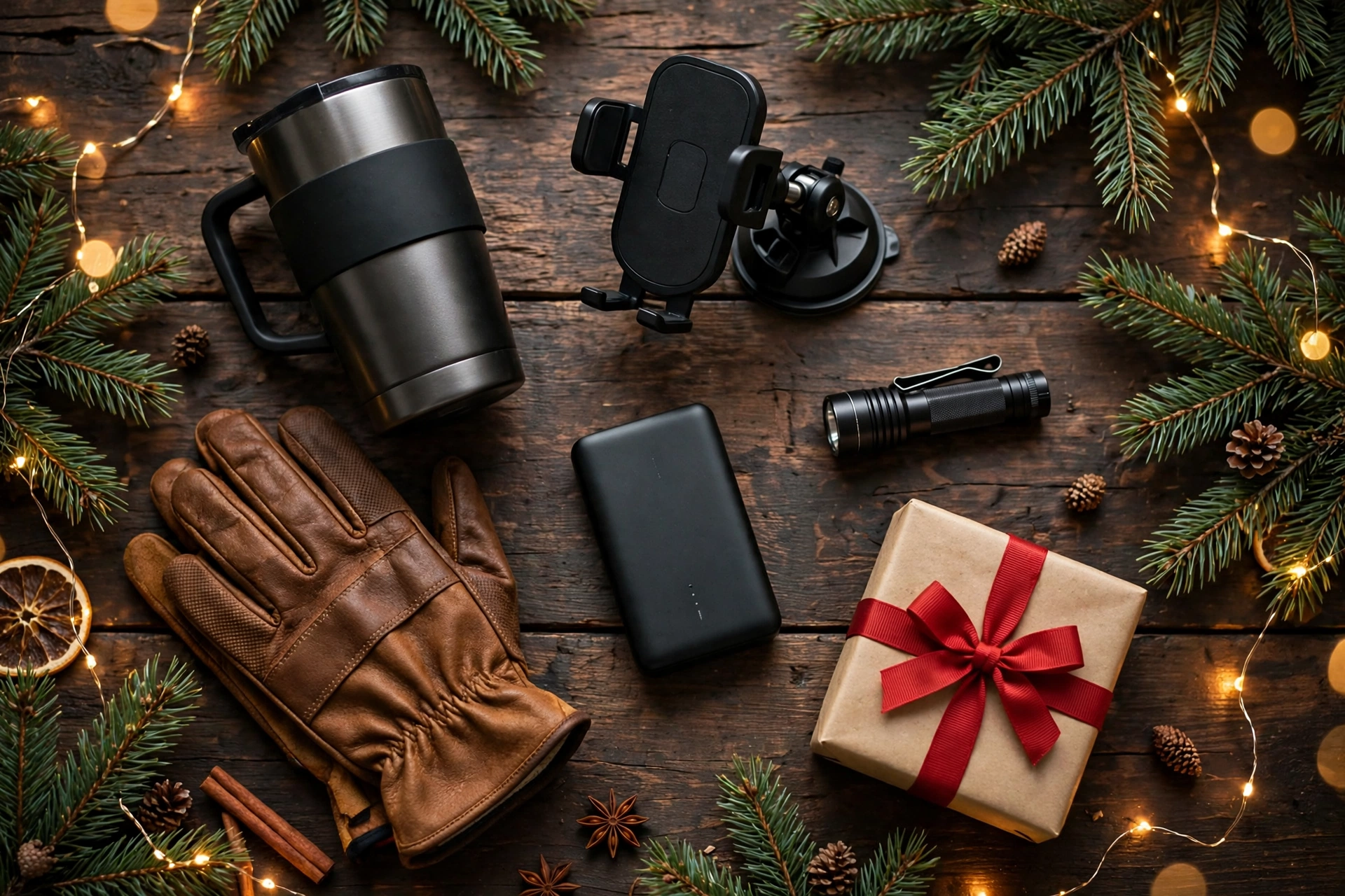 Christmas gift flat-lay for delivery drivers: tumbler, phone mount, power bank, gloves and wrapped gifts