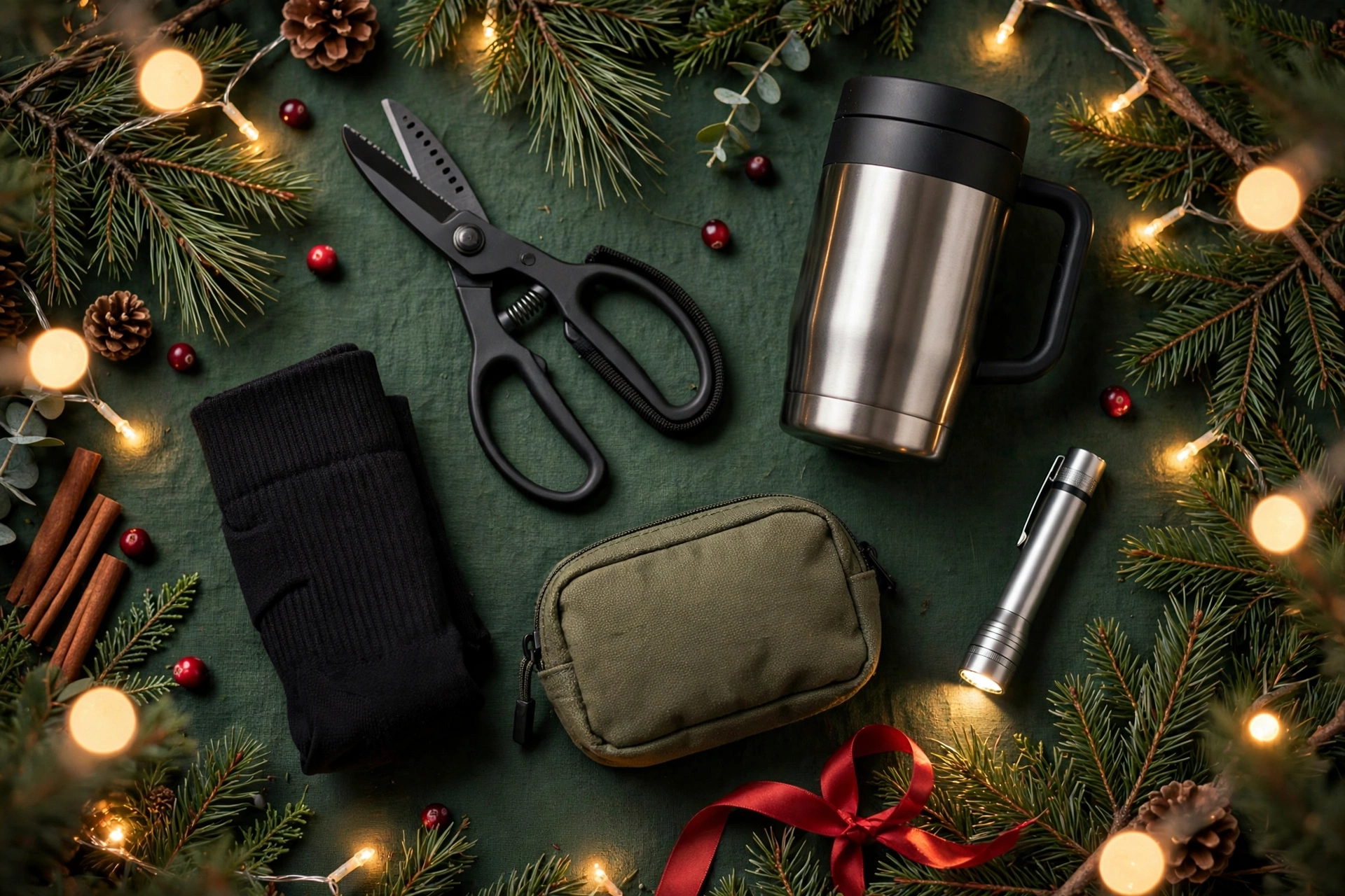 Christmas gift flat-lay for EMTs and paramedics with trauma shears, tumbler and first-aid pouch