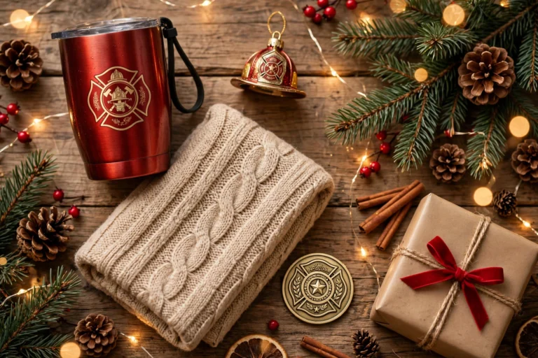 Christmas gifts for firefighters flat lay with tumbler, ornament, blanket and challenge coin