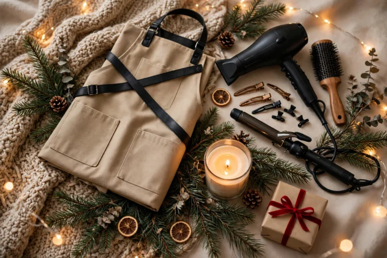 Christmas gifts for hairdressers and barbers flat lay with salon apron, styling tools, candle and wrapped gift