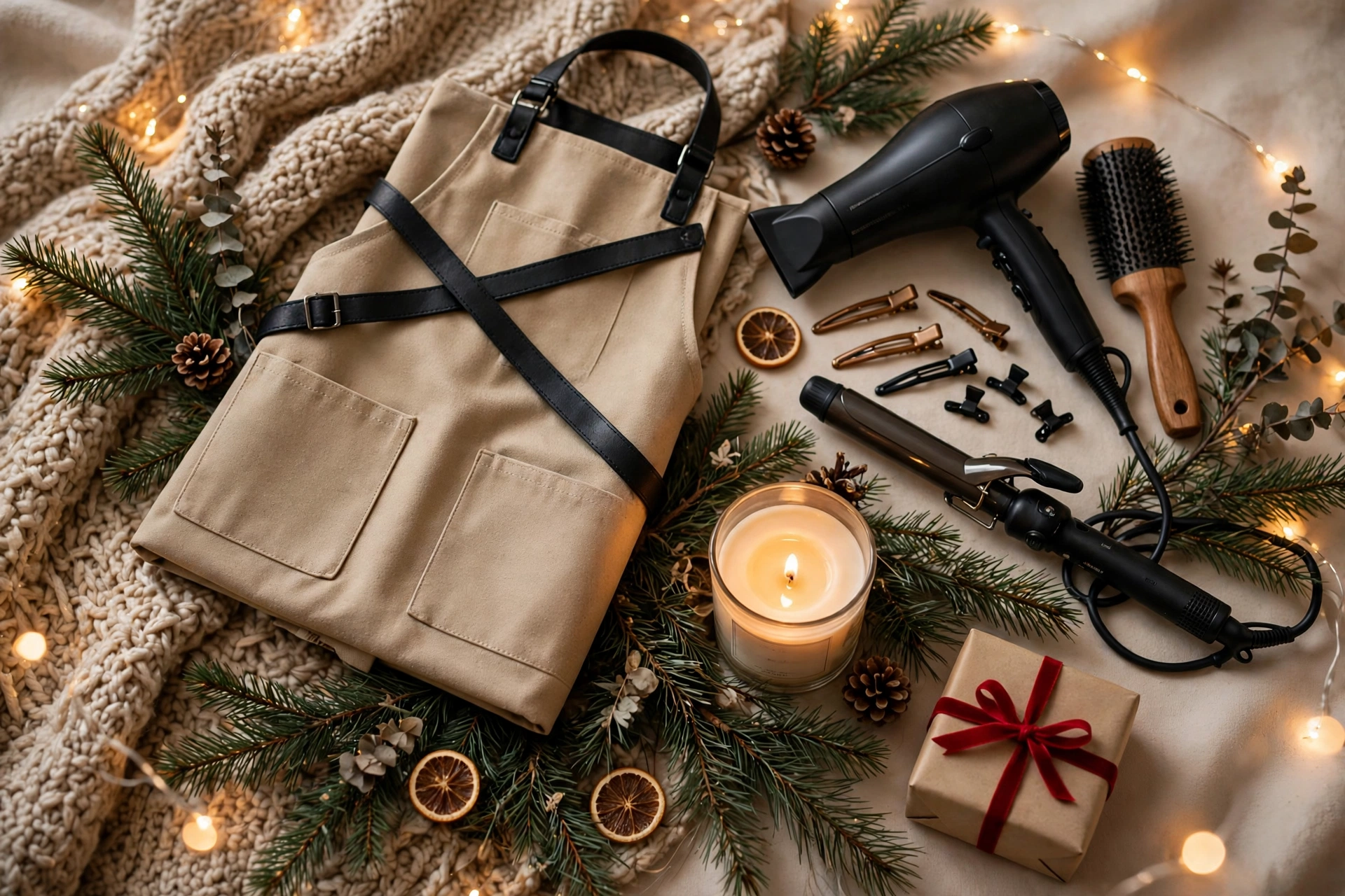 Christmas gifts for hairdressers and barbers flat lay with salon apron, styling tools, candle and wrapped gift