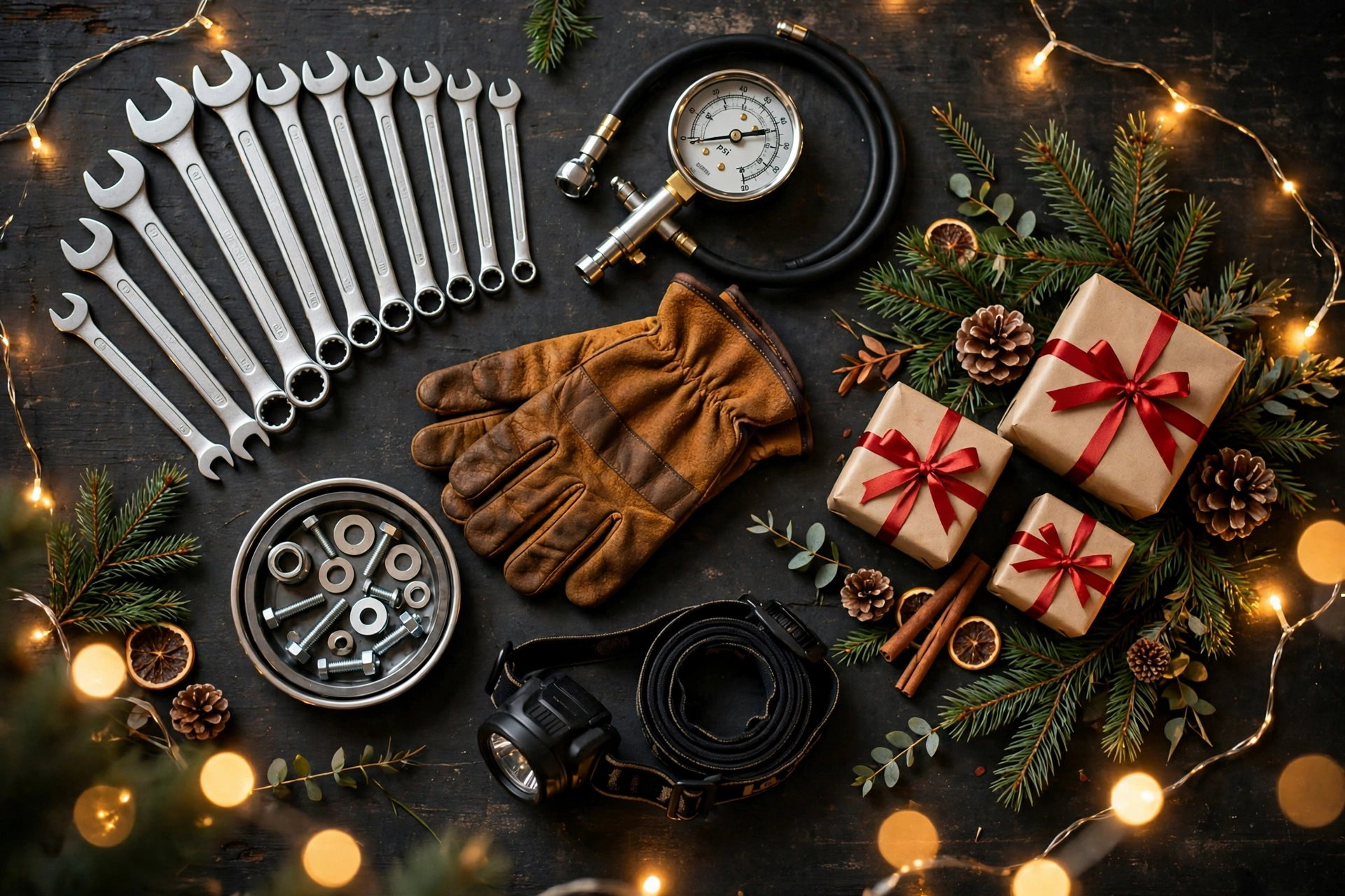 Christmas gift flat-lay with mechanic tools and wrapped gifts