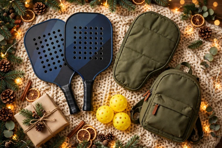 Pickleball paddles, balls and bag in a Christmas flat-lay