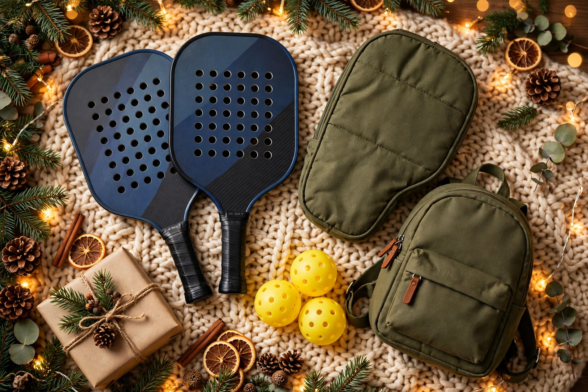 Pickleball paddles, balls and bag in a Christmas flat-lay