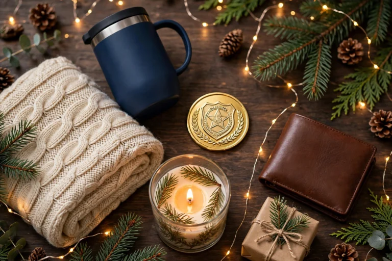 Christmas gifts for police officers flat lay with tumbler, blanket, challenge coin, candle and wallet