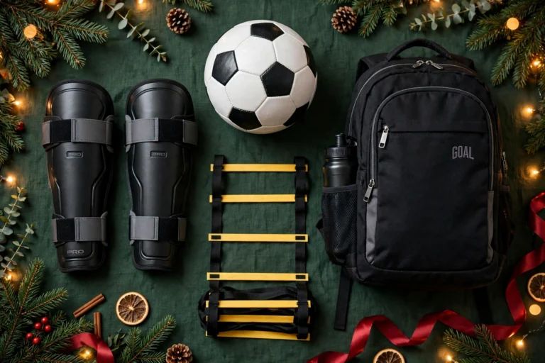 Christmas flat-lay with soccer ball, shin guards, agility ladder and soccer backpack
