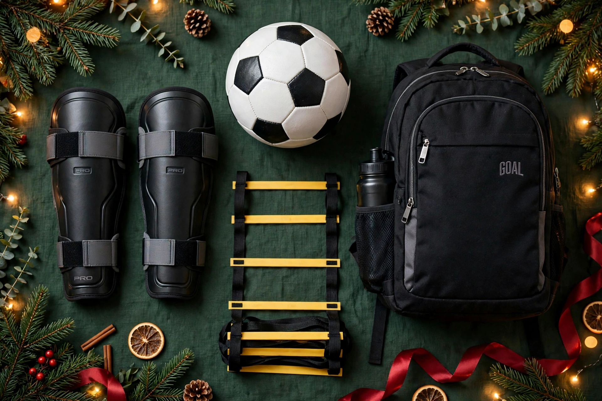 Christmas flat-lay with soccer ball, shin guards, agility ladder and soccer backpack