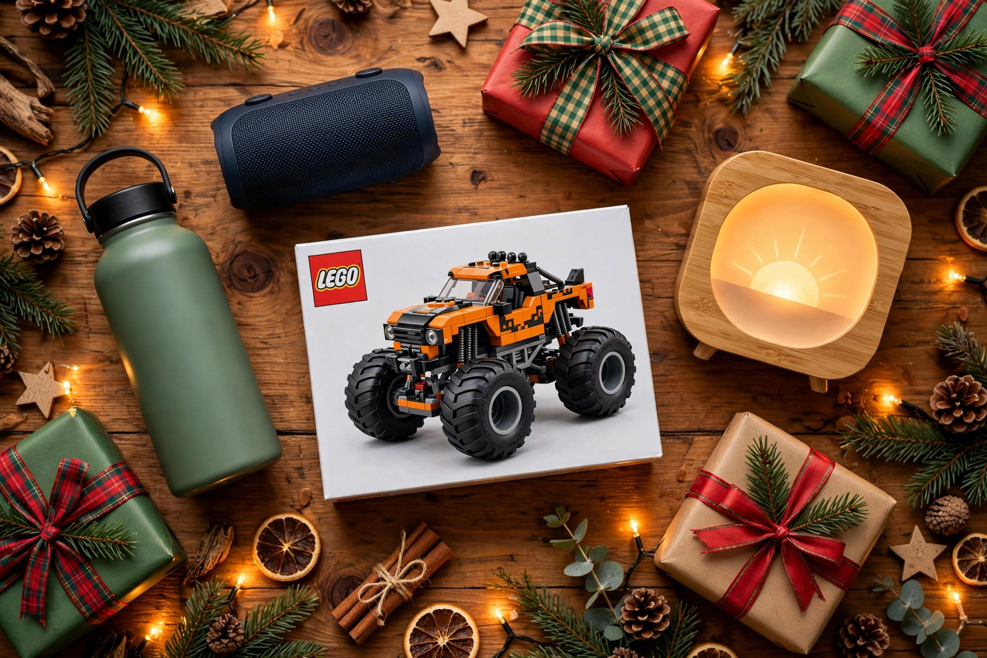 Christmas gifts for sons flat lay with speaker, water bottle and wrapped presents