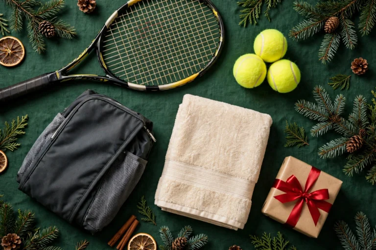 Christmas gift flat lay with tennis racquet, tennis balls and a wrapped gift