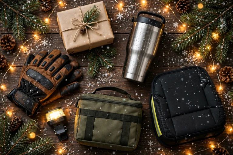 Christmas gifts for truck drivers flat lay with tumbler, gloves and wrapped gift