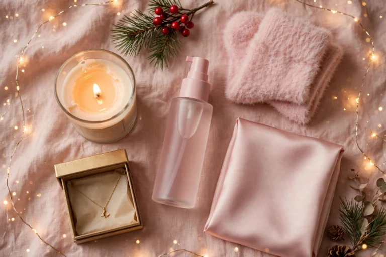 Christmas gifts for her under $50 flat lay with jewelry, candle, and cozy items