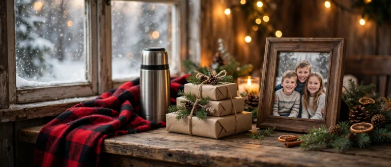 Cozy Christmas gift scene for grandpa with wrapped gifts, thermos, and a framed photo of grandchildren