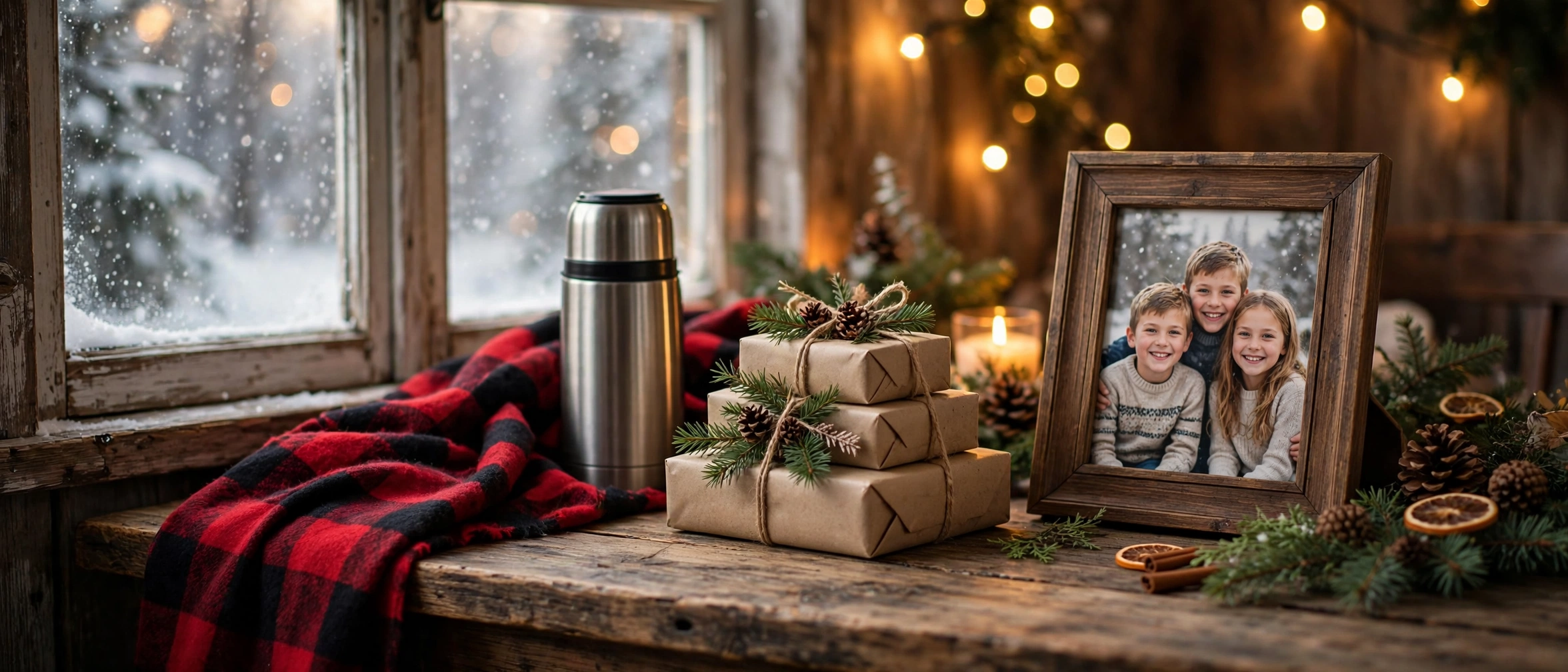 Cozy Christmas gift scene for grandpa with wrapped gifts, thermos, and a framed photo of grandchildren