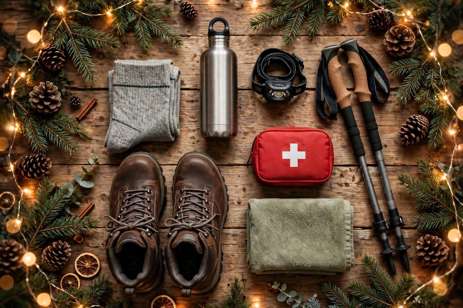 Christmas gift flat lay for hikers with boots, socks, water bottle, headlamp and trekking poles