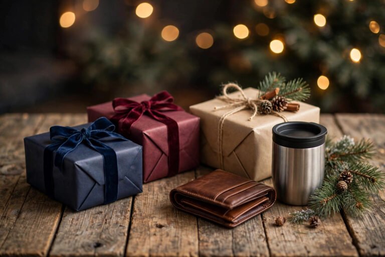 Wrapped Christmas gifts, leather wallet and insulated tumbler on a wooden table