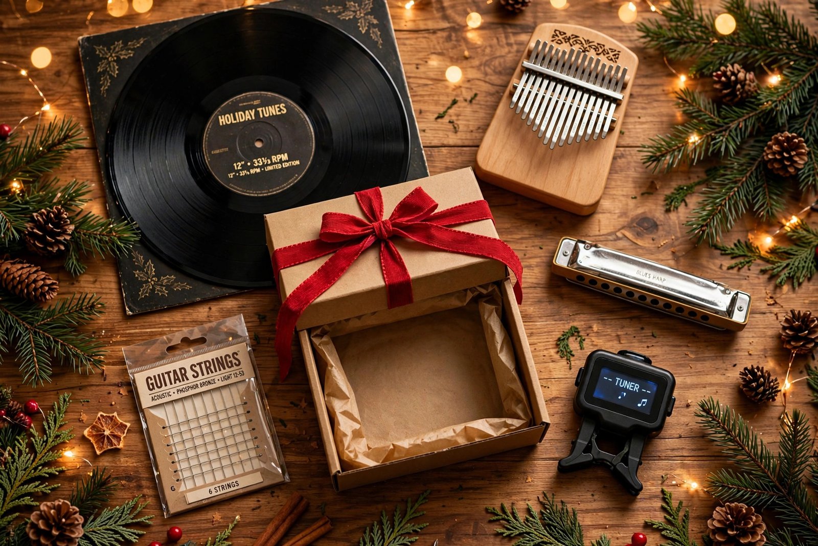 Christmas flat-lay of music-themed gifts: vinyl record, kalimba, harmonica and gift box