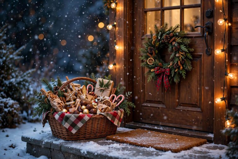 Christmas gift basket on a snowy front doorstep beside a wreath-decorated door