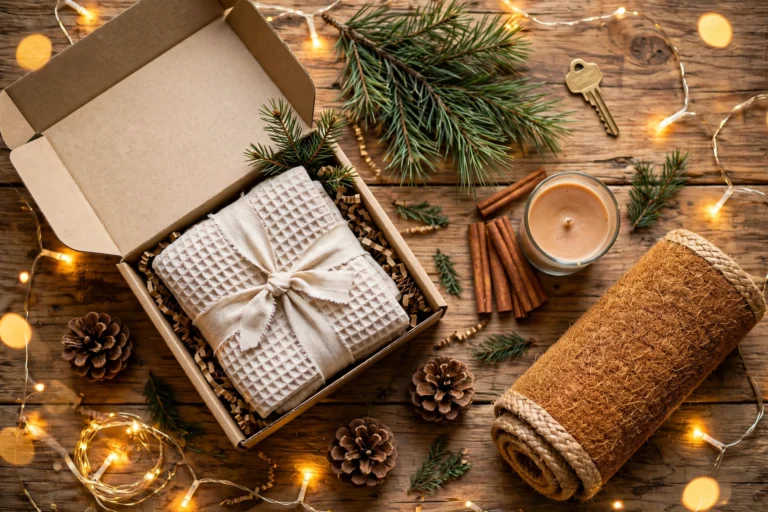 Christmas gift flat-lay for new homeowners: gift box, house key, candle, doormat and fairy lights