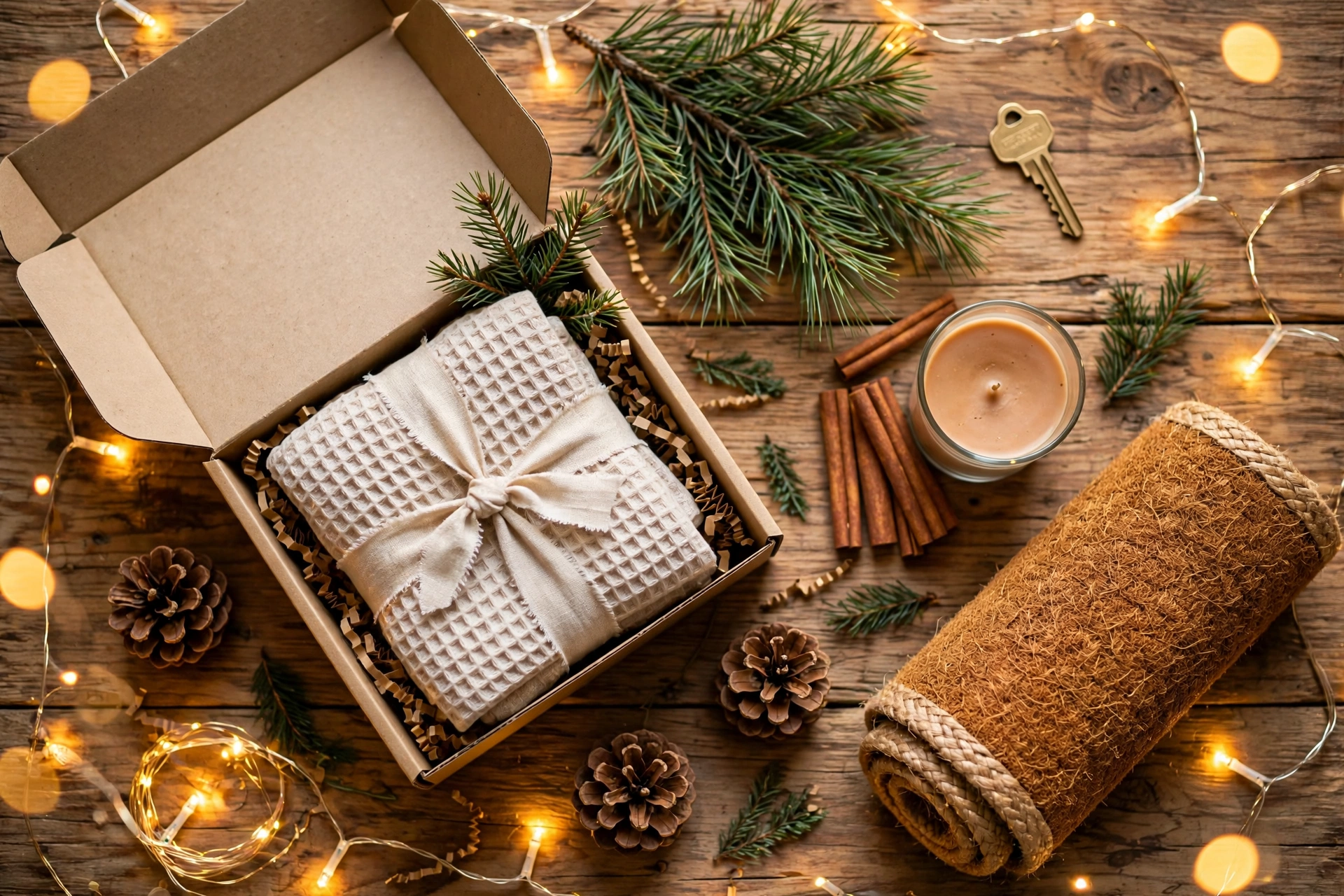 Christmas gift flat-lay for new homeowners: gift box, house key, candle, doormat and fairy lights