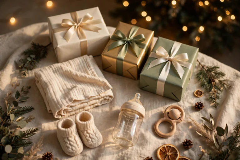Christmas gift flat-lay for new parents: wrapped presents, muslin swaddle, baby booties and bottle beside a lit Christmas tree