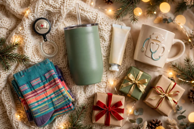Christmas gifts for nurses flat lay: compression socks, badge reel, tumbler, hand cream, and nurse mug
