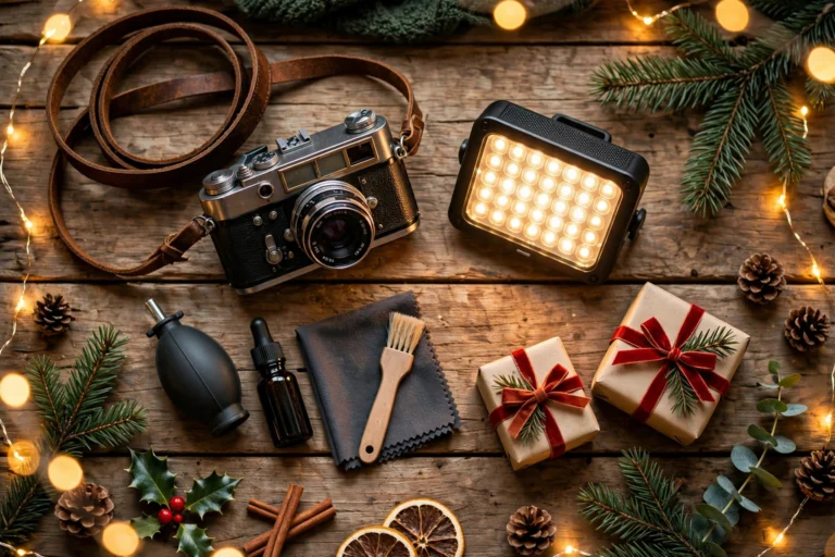Christmas flat-lay of camera and photography gear gifts