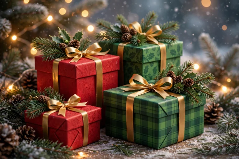 Wrapped Christmas gift boxes with gold ribbons, pine branches and warm fairy lights