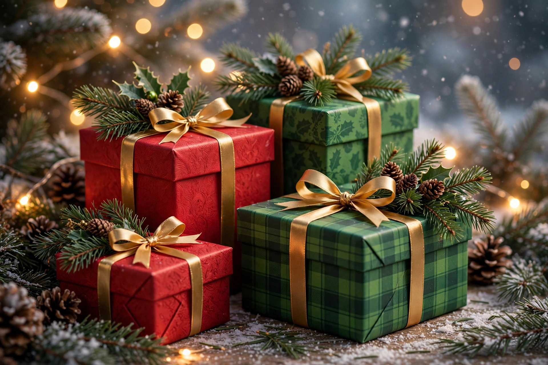 Wrapped Christmas gift boxes with gold ribbons, pine branches and warm fairy lights
