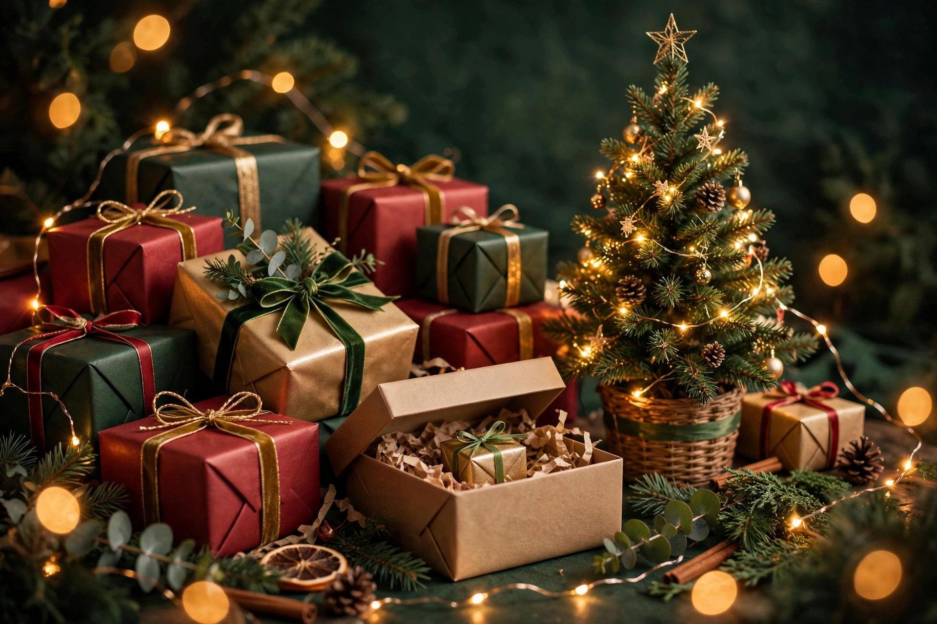 Wrapped Christmas gifts with fairy lights — Secret Santa gift guide