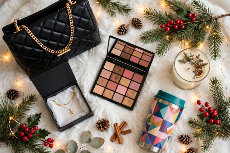 Christmas gifts for sister: tote bag, gold necklace, makeup palette, candle, and travel tumbler on faux fur