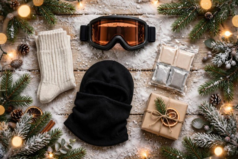Christmas flat lay of ski goggles, socks, balaclava and hand warmers