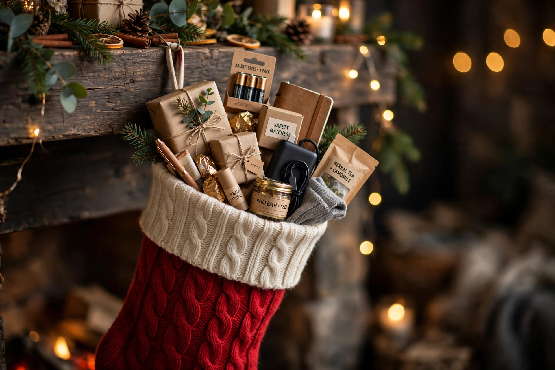 Christmas stocking filled with small wrapped gifts by the fireplace