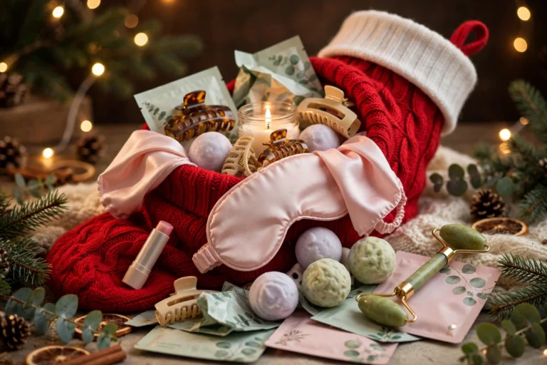 Red Christmas stocking filled with small gifts for women: lip balm, silk sleep mask, claw clips, candle and shower steamers